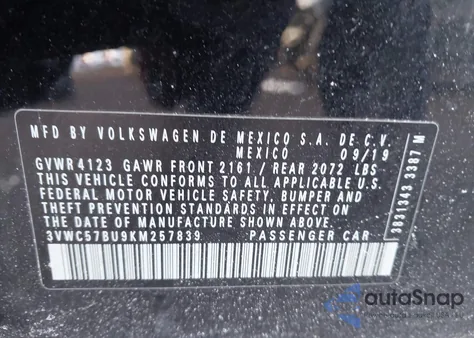 2019 Volkswagen Jetta 1.4T R-Line/1.4T S/1.4T Se from USA, damaged, VIN 3VWC57BU9KM257839